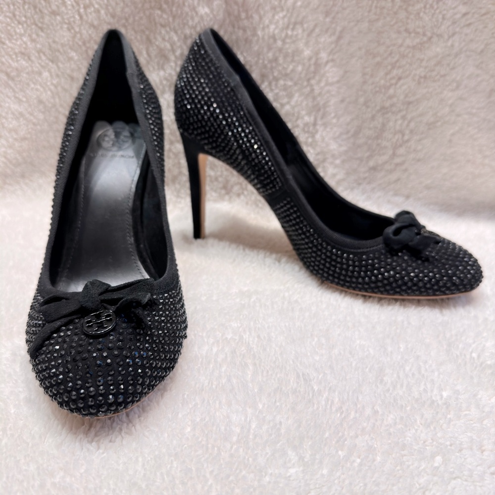Tory Burch Phoenix Black 100MM Pump Rhinestone Soho Lux Suede Women’s 7.5M US